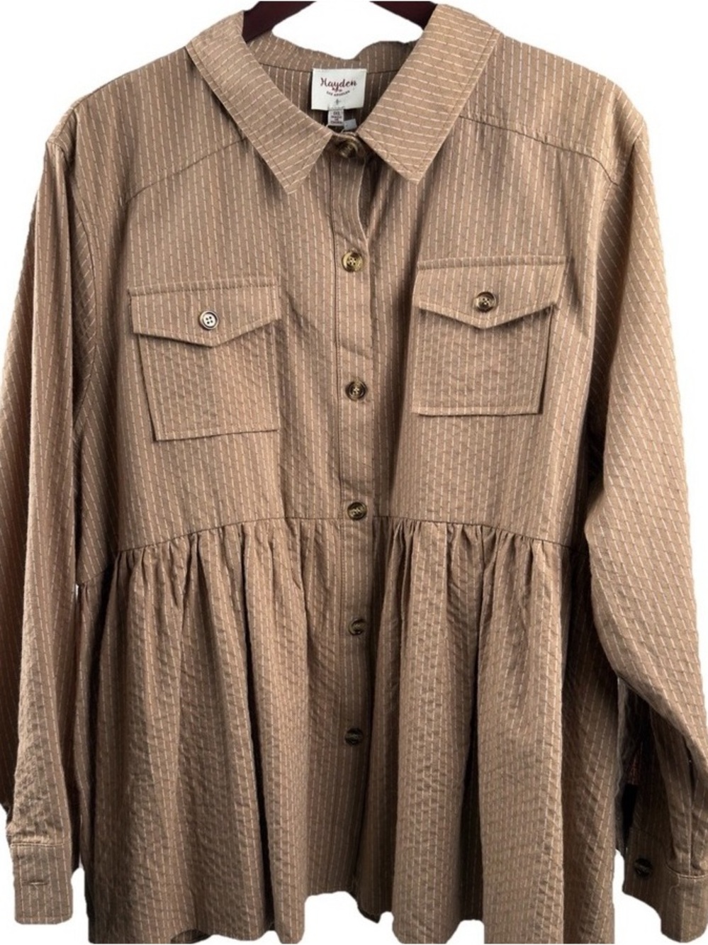 Hayden Tan Brown Button-Front Peplum Shirt